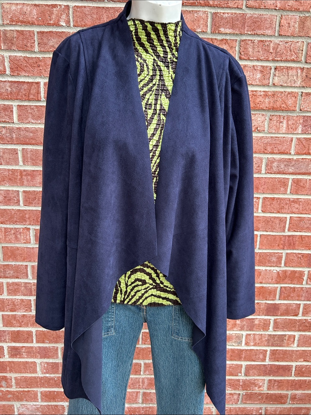CHICO’S Navy Blue Open Draped Faux Sueded Asymmetrical Jacket